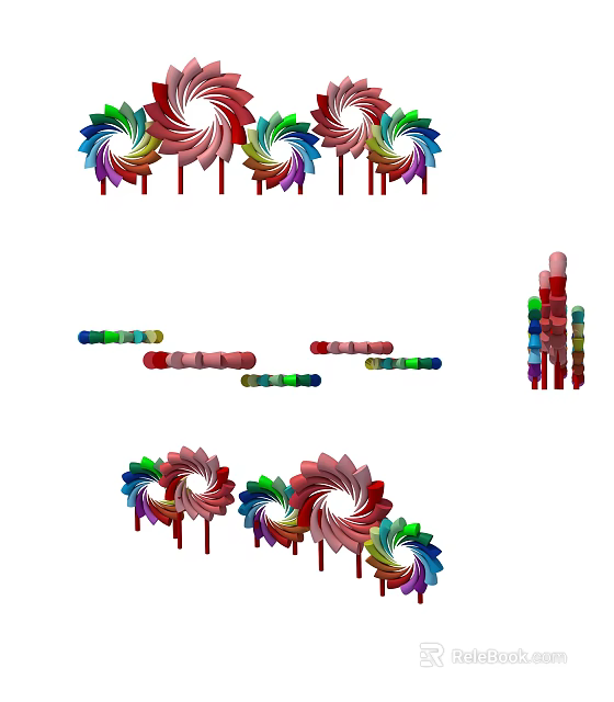 Colorful Windmill Shaped Building Components With Multicolored Decorative Columnar Structures 3d model
