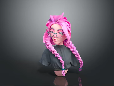 Game Movie Character With Pink Braided Hair Wearing Glasses And Dark Gray T-shirt 3d model