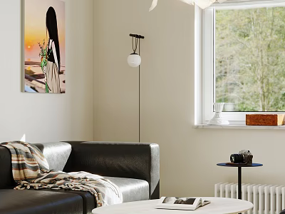 Warm Bright Modern Living Room With Black Leather Sofa Stylish Wall Art And Natural Light 3d model