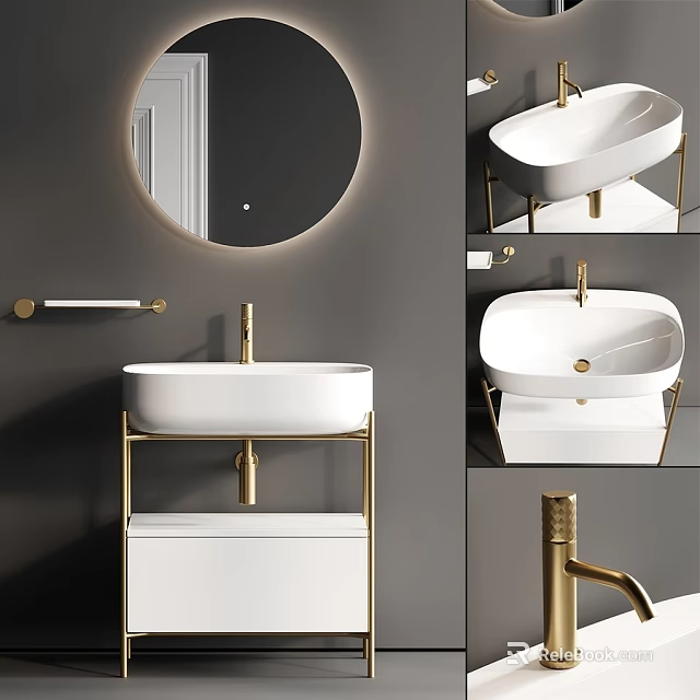 Modern Washbasin Design With White Basin Golden Stand And Round Mirror 3d model 