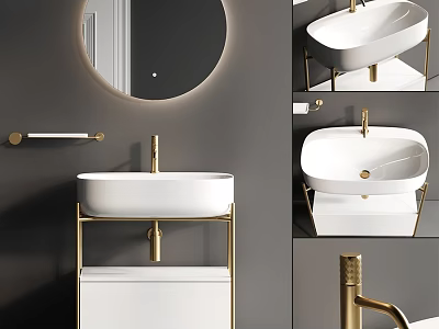 Modern Washbasin Design With White Basin Golden Stand And Round Mirror 3d model