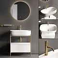 Modern Washbasin Design With White Basin Golden Stand And Round Mirror
