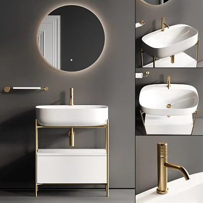 Modern Washbasin Design With White Basin Golden Stand And Round Mirror 3d model