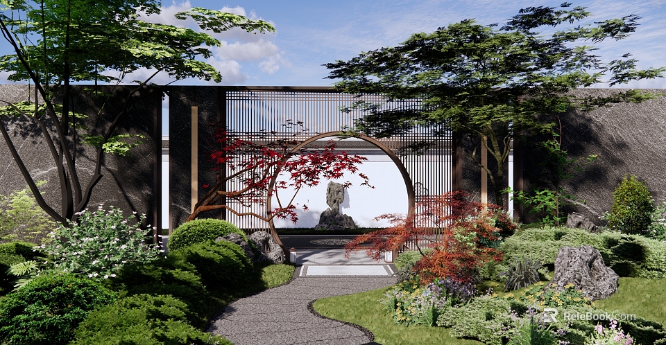 Rockery Stone in Traditional Garden with Circular Arch Red Maple Trees and Pathway 3d model 