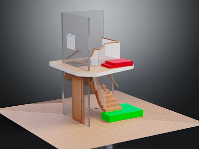 Modern Architectural Model Structure With Wooden Staircase Railing Red Mat And Green Block 3d model