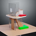 Modern Architectural Model Structure With Wooden Staircase Railing Red Mat And Green Block