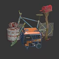 Rusted Metal Can Blue Bicycle Orange Generator And Red Mailbox Setup 3d model