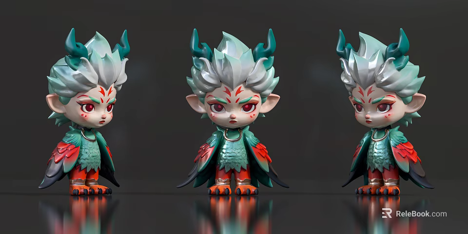 Fantasy Game Character Figurines with Green White Hair Red Markings and Colorful Outfits 3d model 