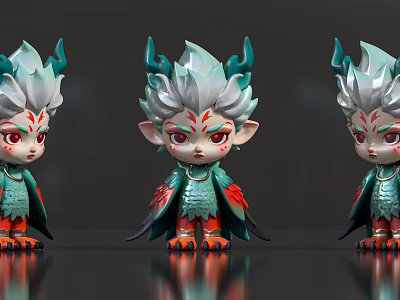 Fantasy Game Character Figurines with Green White Hair Red Markings and Colorful Outfits 3d model