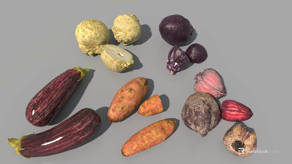 Fresh Assorted Vegetables Including Eggplants Sweet Potatoes Cabbage Beets And Turnips 3d model 