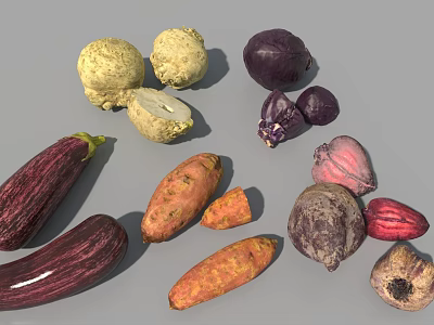 Fresh Assorted Vegetables Including Eggplants Sweet Potatoes Cabbage Beets And Turnips 3d model