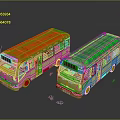 Two Yellow Buses with Red and Green Roofs Parked on Reflective Ground