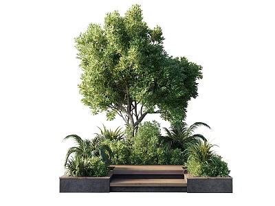 Lush Garden With Large Tree Surrounding Plants Wooden Bench And Flower Beds 3d model