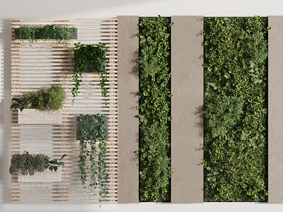 Lush Vertical Green Plant Wall Design With Wooden Strips And Hanging Greenery 3d model