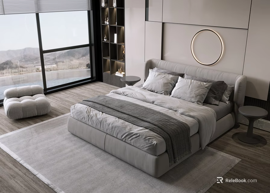 Modern Bedroom Interior With Gray Upholstered Double Bed Large Window Mountain View And Wooden Floor 3d model 