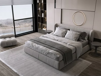 Modern Bedroom Interior With Gray Upholstered Double Bed Large Window Mountain View And Wooden Floor 3d model