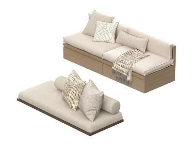 Modern Sofa Set With Beige Pillows Knitted Blanket And Wooden Frame 3d model