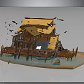 Rustic Wooden Cabin on Water with Yellow Roof Wooden Fences and Flying Birds