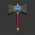 Fantasy Battle Axe With Gray Head Orange Ring Blue Gemstone Red Handle And Yellow Base