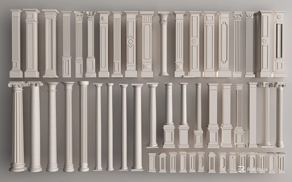White Decorative Columns With Various Designs And Sizes For Architectural Projects 3d model 