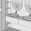 Modern Bathroom Vanity With Double Sinks Wooden Cabinet And Round Mirror