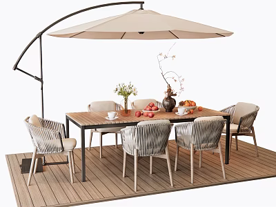 Stylish Outdoor Table With Curved Umbrella Chairs And Decor On Wooden Deck 3d model