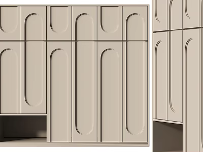 Modern Minimalist Wardrobe With Curved Groove Doors And Neutral Finish 3d model