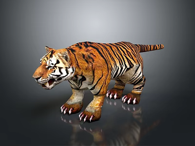 Realistic 3D Tiger Model With Orange Black Stripes Open Mouth And Reflection 3d model