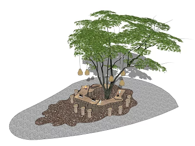 Outdoor Table Chair Set Under Tree With Hanging Lights And Gravel Wood Chips 3d model