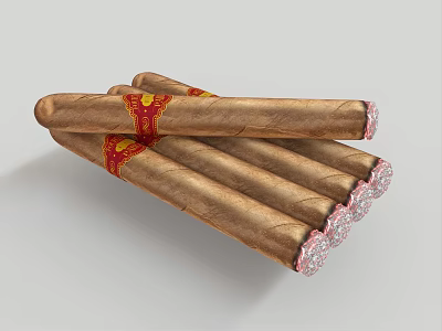 Well Rolled Brown Cigars With Red Labels And Gold Patterns White Tips 3d model