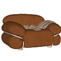 Plush Brown Leather Single Sofa With Cozy Blanket And Rounded Arms 3d model