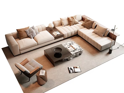 Modern Minimalist Beige L shaped Sofa Coffee Table Set With Throw Pillows Accent Chair Floor Lamp 3d model