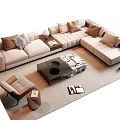 Modern Minimalist Beige L shaped Sofa Coffee Table Set With Throw Pillows Accent Chair Floor Lamp