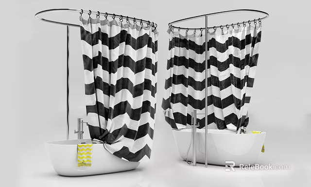 Freestanding Bathtub with Black and White Chevron Shower Curtains and Yellow Towel 3d model 