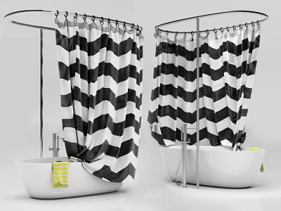 Freestanding Bathtub with Black and White Chevron Shower Curtains and Yellow Towel 3d model