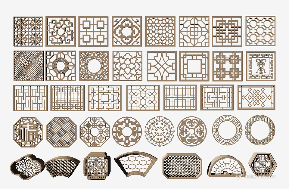 Ornate Traditional Lattice Windows Featuring Various Classic Floral And Geometric Patterns 3d model 