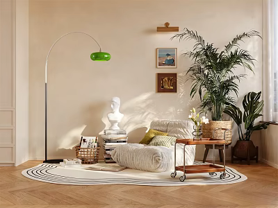 Comfortable Lazy Sofa In Cozy Living Room With Green Floor Lamp Round Rug And Plants 3d model