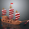 Vintage Wooden Sailing Ship With Red And White Sails And Tall Masts Design