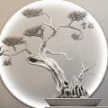 Artistic Pine Bonsai Plant With Curved Branches And Round Decorative Background