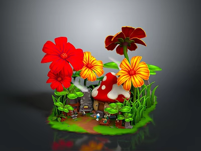 Vibrant Red And Yellow Flowers Around Mushroom House With Green Grass And Pathway 3d model