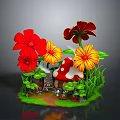 Vibrant Red And Yellow Flowers Around Mushroom House With Green Grass And Pathway
