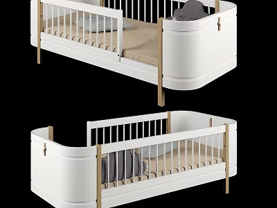 White Wooden Kids Bed With Guard Rails Mattress And Comfortable Pillow 3d model