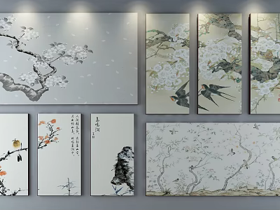 Traditional Ink Style Botanical Paintings With Plum Blossoms Swallows And Branches As Wall Decor 3d model