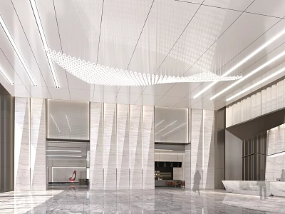 Modern Sleek Office Lobby Reception With Polished Marble Decor And Exquisite Creative Art Ceiling Lighting 3d model