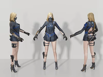Female Character Three Angles Display In Combat Style Outfit With Armor Boots And Gloves 3d model