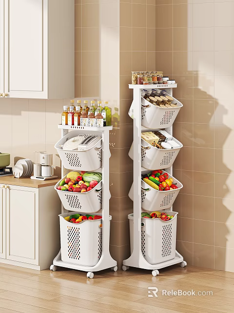 White Multi Layer Kitchen Storage Shelves With Vegetables Fruits And Spices 3d model 