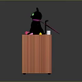 Black Cat With Green Eyes Purple Cape Sitting On Orange Cube With Pink Yellow Objects