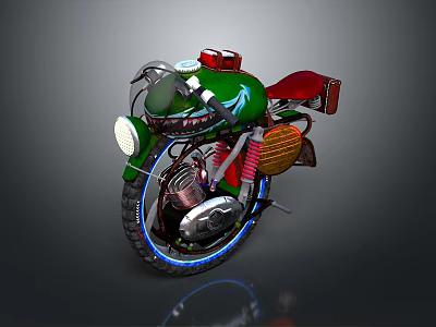 Green Motorcycle with Red Seat Vintage Design Headlight Engine Details and Blue Accent Wheels 3d model