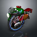 Green Motorcycle with Red Seat Vintage Design Headlight Engine Details and Blue Accent Wheels