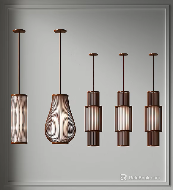 Modern Pendant Lights With Curved And Square Glass Metal Shades In Brown Copper Tones 3d model 